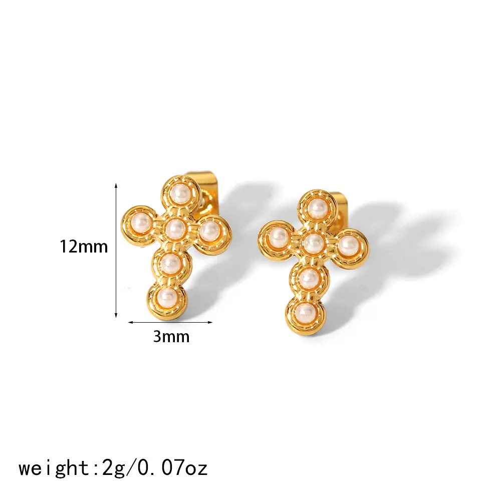 1 Pair Simple Exquisite Style Star Moon Cross Shape Stainless Steel 18K Gold Plated Inlay Imitation Pearl Women's Stud Earrings Picture2